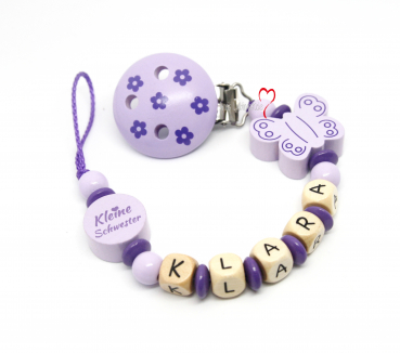 Schnullerkette mit Namen Mädchen personalisiert Schmetterling mit kleine Schwester